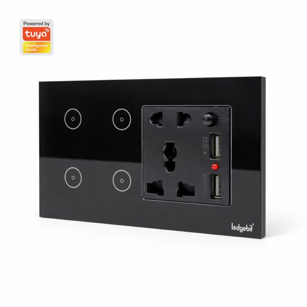 Ledgebit 4 Button Smart Switch With Socket – 13A Outlet with USB | Zigbee Bridge-Hub Required (Black)