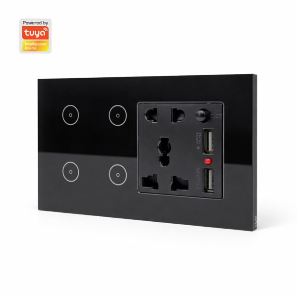 Ledgebit 4 Button Smart Switch With Socket – 13A Outlet with USB | Zigbee Bridge-Hub Required (Black)